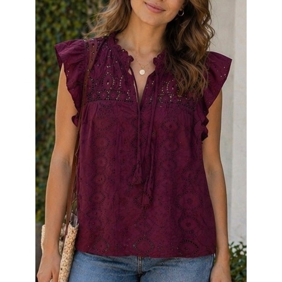 LOFT Tops - LOFT Womens Blouse Plum Small Eyelet Ruffle Boho Peasant Top Cottagecore Summer